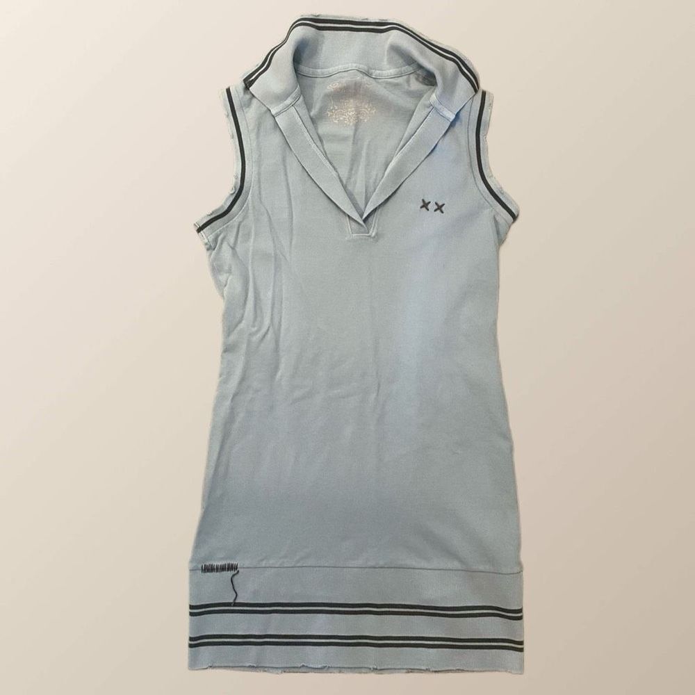 Project E Vintage distressed polo dress blue w gray stitching, cotton with colla